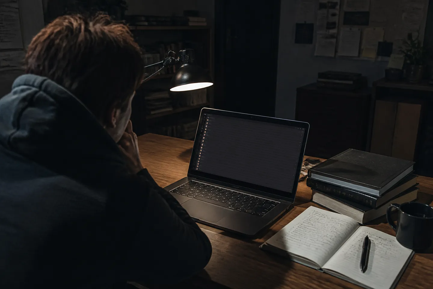 A user thoughtfully selecting a dark web name while studying cryptographic notes.