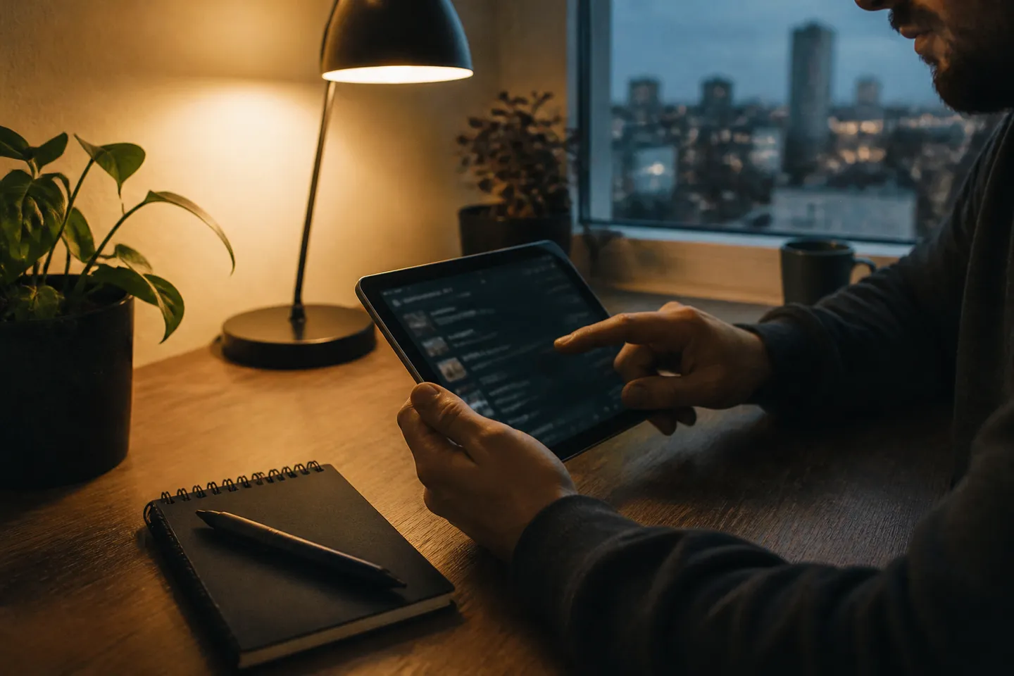 A user explores an onion directory on a tablet at a modern desk.