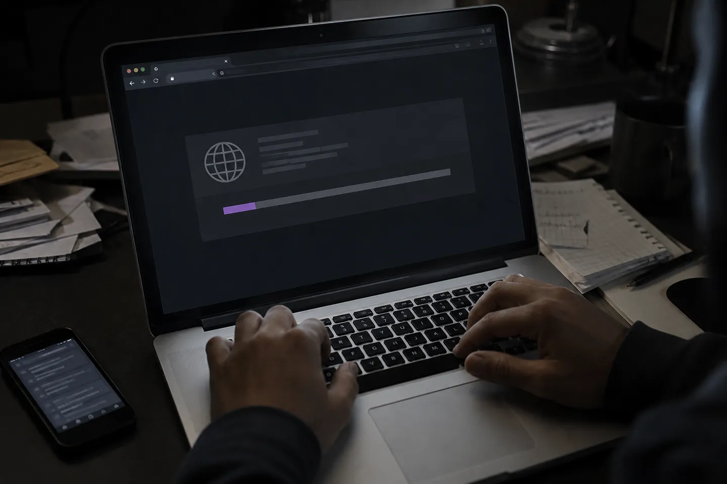 A person carefully downloading a dark web application on their laptop.