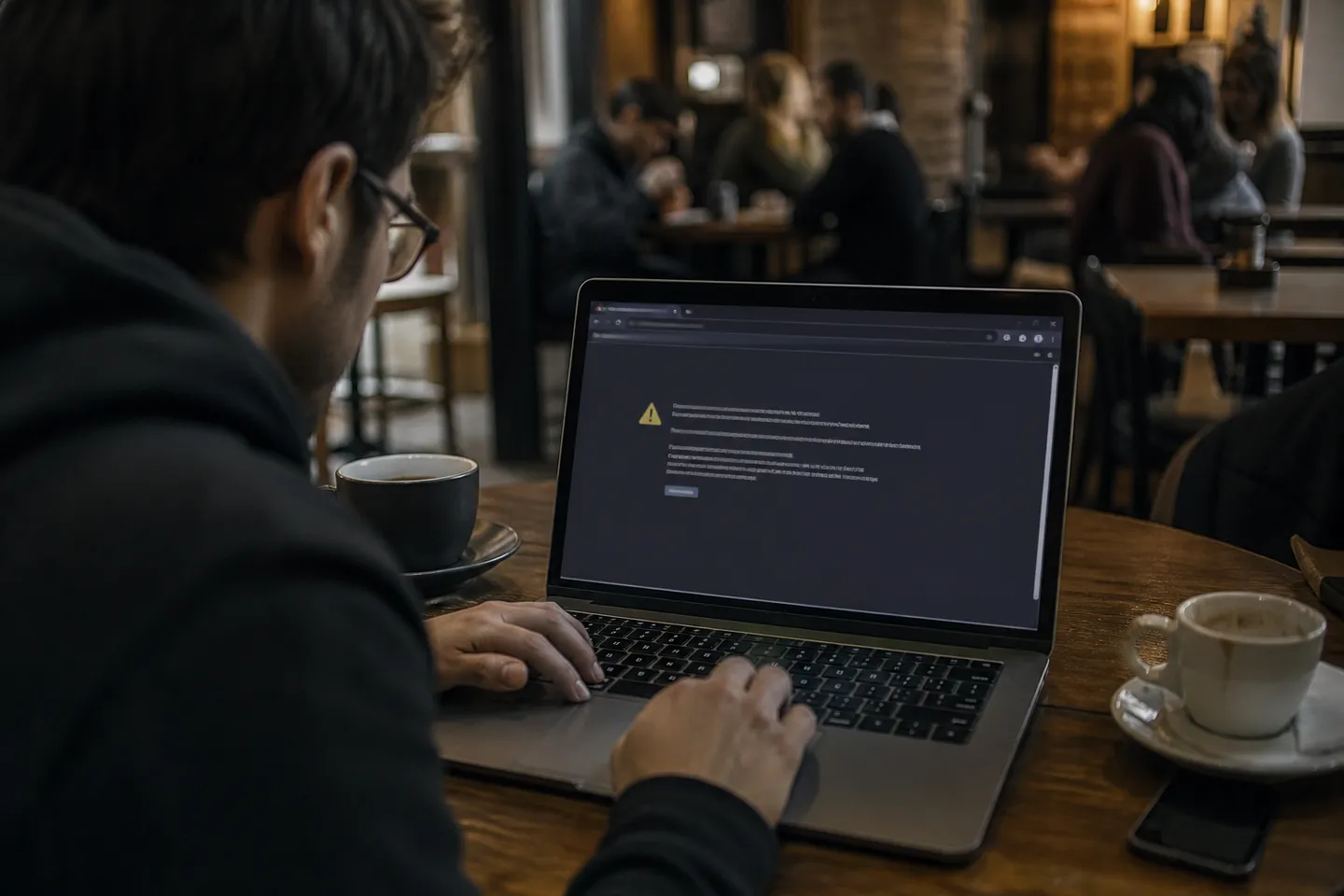 A user in a cafe focused on their laptop, examining HTTPS security on the dark web.