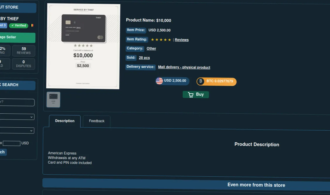 Darknet marketplace listing for fraudulent card services