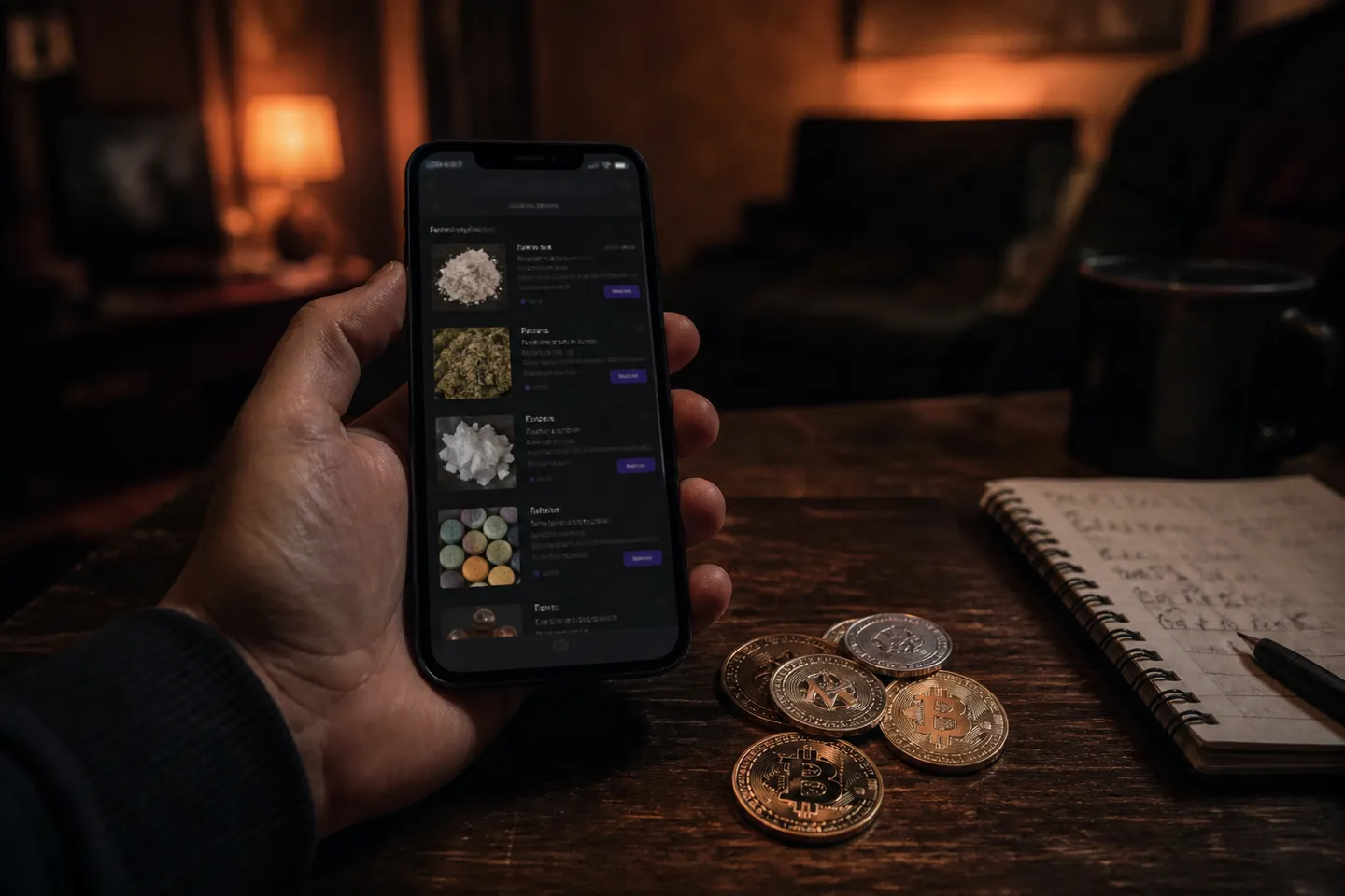 A hand holding a smartphone showing a darknet marketplace interface with cryptocurrency coins nearby.