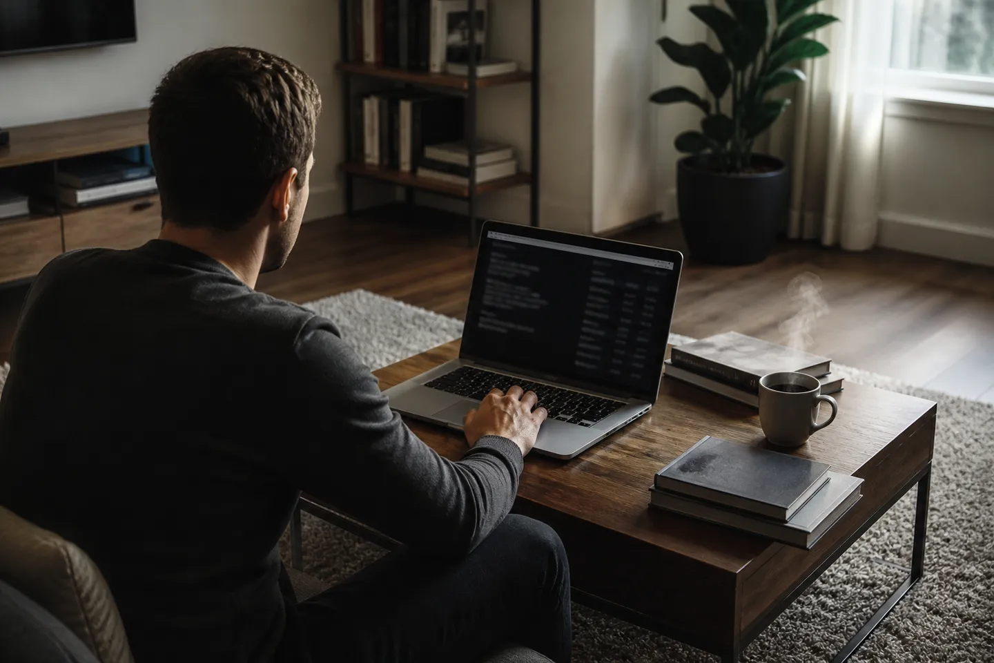 A person exploring darknet sites in a cozy, modern living room.