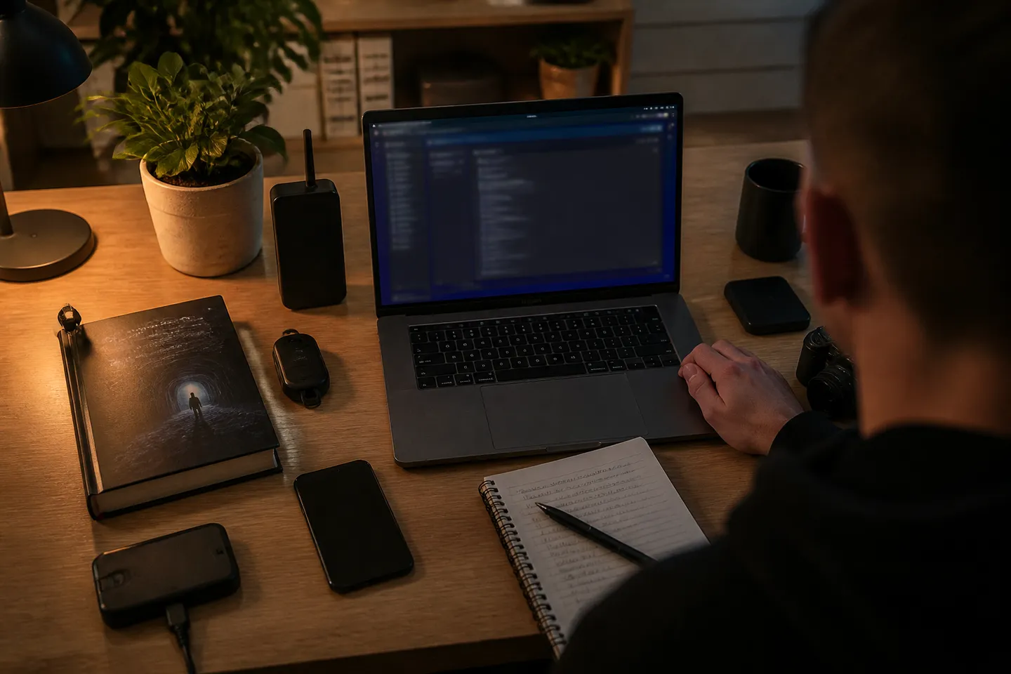 A user is carefully exploring deep web resources on a laptop in a cozy workspace.