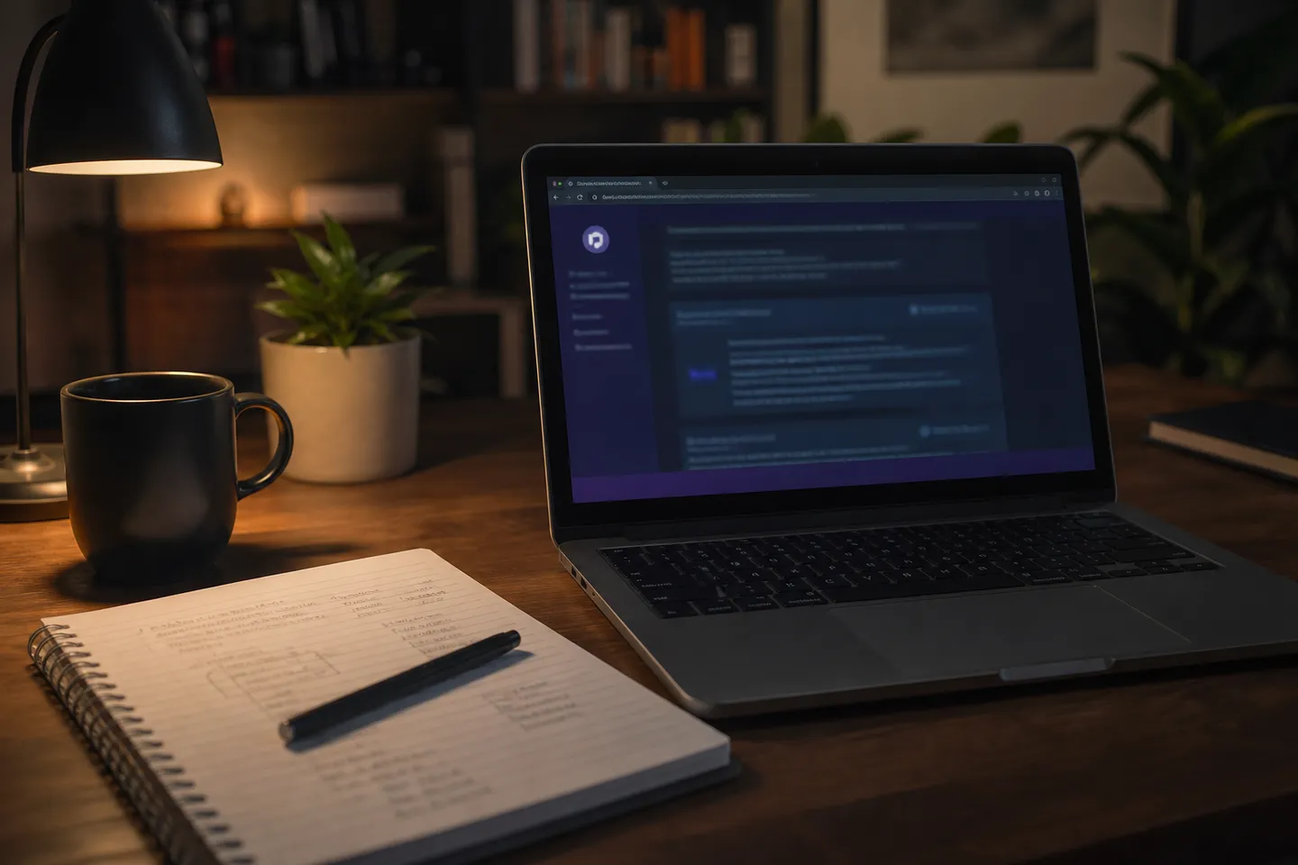 A cozy home office desk showing a laptop with a .onion address and notes.