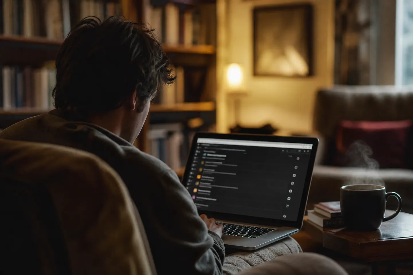 A person examining a list of onion websites on their laptop in a cozy living room.