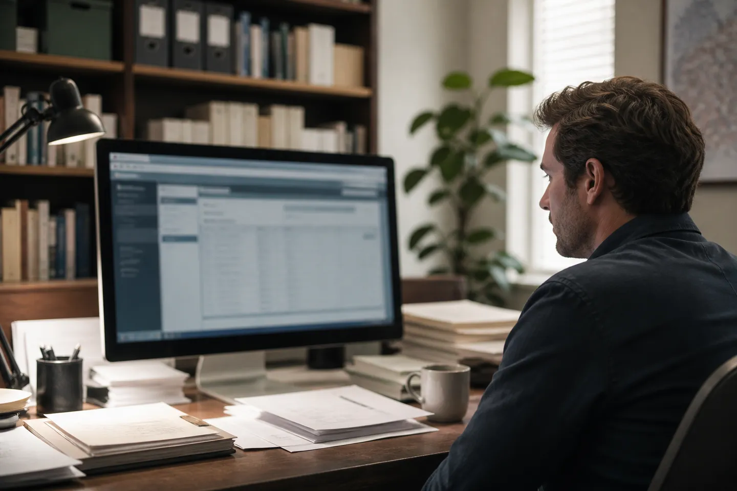 A researcher deeply engaged in accessing a government database for research purposes.