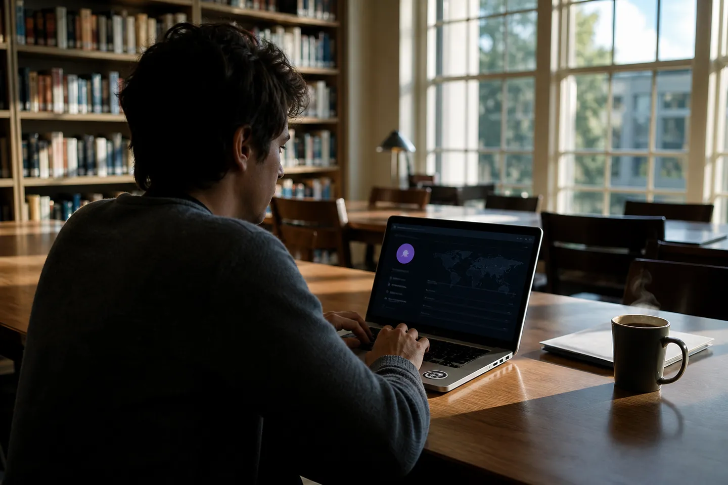 A user is engaged in browsing a .onion site on their laptop in a library.