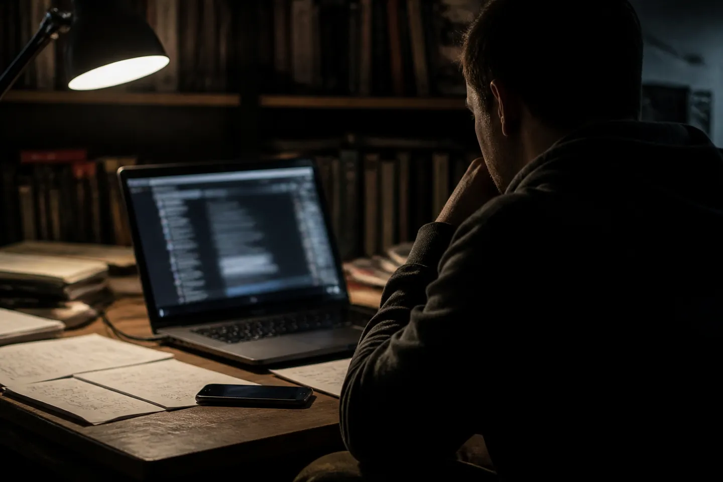 A person researches dark web search tools in a cozy, illuminated room.