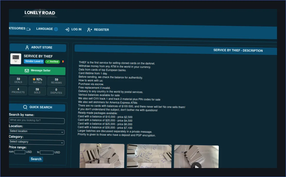 Darknet marketplace interface offering cloned card services
