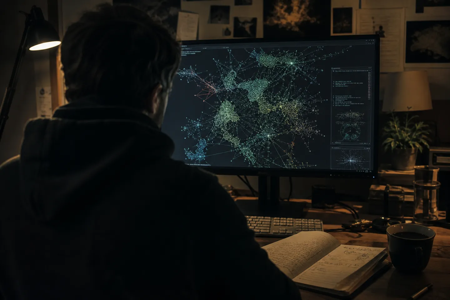 A researcher explores the intricate structure of the dark web in their home office.
